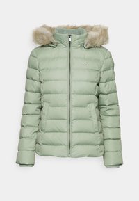 Jasnozielona pikowana kurtka puchowa z zamkiem z przodu, poziomym przeszyciem i kapturem wykończonym sztucznym futrem. Posiada boczne kieszenie i ściągacze na rękawach.