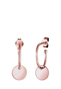 Pendientes de aro de oro rosa con discos redondos y lisos colgando de cada aro, con cierre trasero de mariposa.