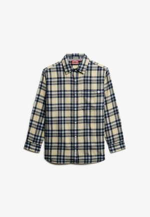 Langsleeve geruite shirt in beige en marineblauw, gemaakt van flanelstof. Voorzien van een knoopsluiting en een borstzak, met een logo op de zak.
