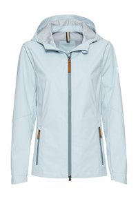 Lyseblå vandtæt jakke med hætte, frontlynlås og to lynlåslommer på siden med brune detaljer. Glat tekstur, afslappet design.