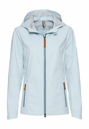 Lichtblauwe waterdichte jas met een capuchon, voorste rits sluiting en twee ritszakken aan de zijkanten met bruine accenten. Soepele textuur, casual ontwerp.