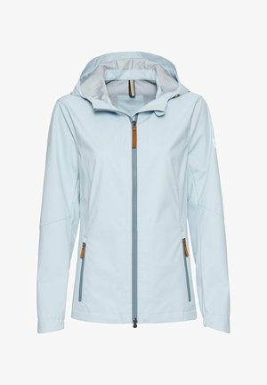 Helle blaue wasserdichte Jacke mit Kapuze, frontalem Reißverschluss und zwei seitlichen Reißverschlusstaschen mit braunen Akzenten. Glatte Textur, lässiges Design.