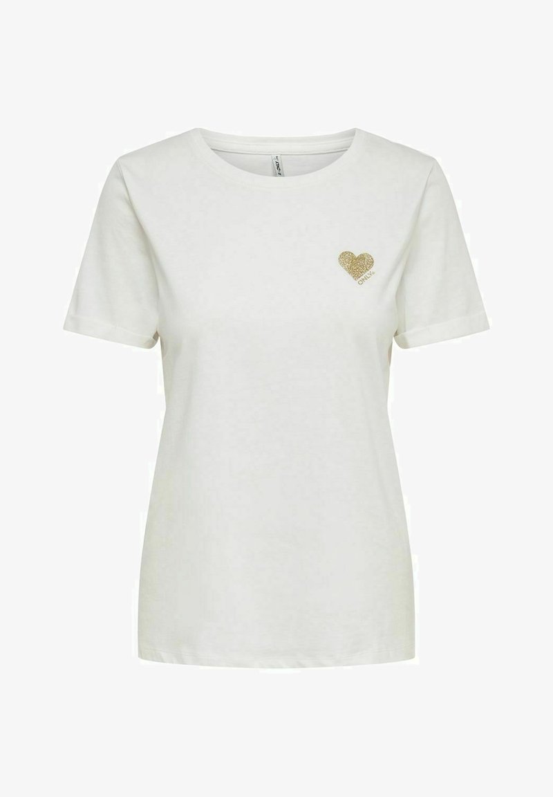 Witte katoenen t-shirt met korte mouwen, ronde halslijn en een gouden glitter hartontwerp op de linkerkant van de borst. Soepele textuur.