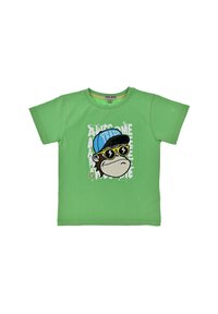 Grünes Baumwoll-T-Shirt mit kurzen Ärmeln, das einen Cartoon-Affen mit Sonnenbrille und einer blauen Mütze zeigt, begleitet von in weißem Drucktext.