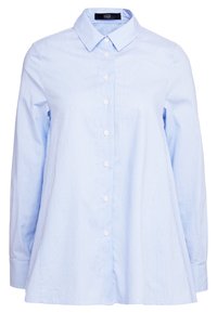 Light blue long-sleeve shirt with white vertical pinstripes, button-down front, pointed collar, and buttoned cuffs.