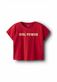 Röd kortärmad t-shirt med texten "GIRL POWER" i krämfärg. Tillverkad av mjukt bomullsmaterial med en klassisk rund halsringning.
