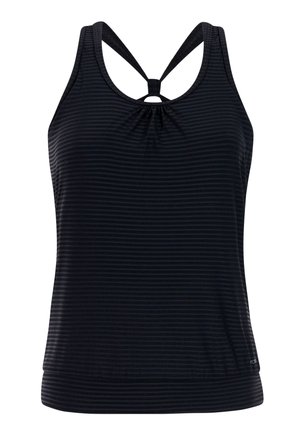 Juoda sportinė liemenė be rankovių, su subtiliomis horizontaliosiomis juostelėmis ir sukryžiuotomis petnešėlėmis nugaroje, skirta moterims.