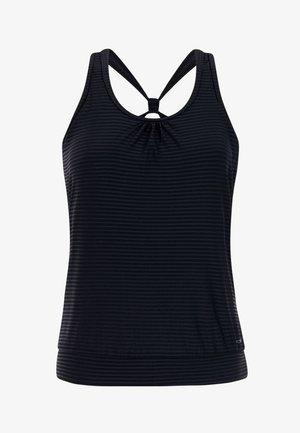 Juoda sportinė liemenė be rankovių, su subtiliomis horizontaliosiomis juostelėmis ir sukryžiuotomis petnešėlėmis nugaroje, skirta moterims.