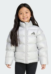 Veste argentée volumineuse avec un col montant, un quilting horizontal, une fermeture éclair sur le devant, et un logo noir sur la poitrine gauche. Portée sur des leggings noirs.