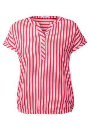 Rood-witte gestreepte blouse met korte mouwen, V-hals en elastische onderrand. Gemaakt van lichtgewicht stof met verticale lijnen.