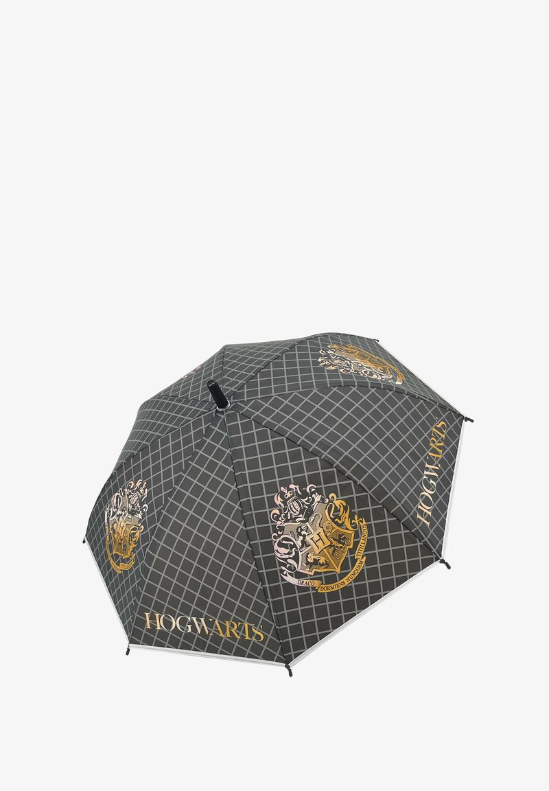 Black umbrella featuring a plaid pattern, gold Hogwarts crest, and "HOGWARTS" text. Made of fabric with a plastic handle.