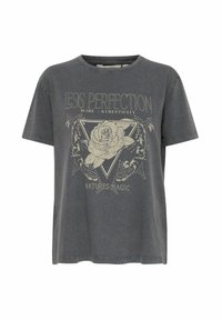 Mørkegrå t-shirt lavet af bomuld, med en løs pasform, rund halsudskæring og frontgrafik med et rosemotiv og tekst i lys farve.