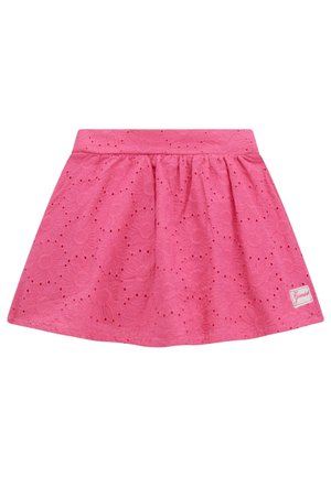 Gonna rosa con motivo floreale e dettagli in occhiello, vita arricciata, design svasato e piccolo etichetta del marchio sull'orlo.