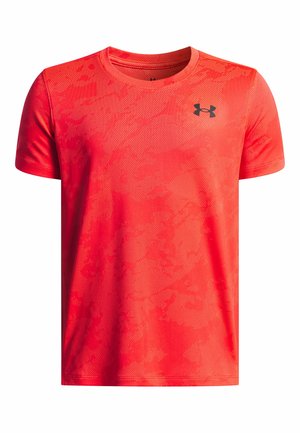 Rode sportieve t-shirt van synthetisch materiaal, met een gestructureerd patroon en korte mouwen. Inclusief een klein zwart logo op de borst.