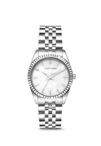 Silberner Edelstahlarmbanduhr mit strukturierter Lünette, Zifferblatt aus weißem Perlmutt, silbernen Zeigern und einem Gliederarmband.