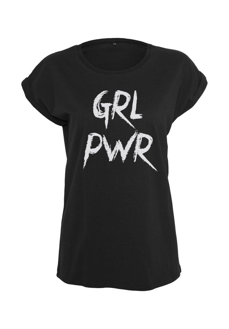 Sort T-shirt med oprevne ærmer, der har fed hvid tekst, der står "GRL PWR" i en penselstrøgsfont. Blødt bomuldsstof, afslappet pasform.