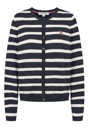 Tumesiniste ja valgete triipudega kampsun pikkade varrukatega, ees nupud ja väike tikitud logo rinnal. Valmistatud pehmest kootud materjalist.