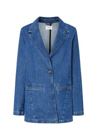 Denimový blazer ve středně modré barvě, jednoslouvový design s klopami, dvěma předními kapsami a mosaznými knoflíky. Texturovaný povrch látky.