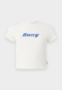 White cotton t-shirt with a crew neck, featuring a large blue "Roxy" logo printed across the chest. Short sleeves, regular fit.
