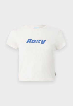 Biely bavlnený tričko s okrúhlym výstrihom, s veľkým modrým logom "Roxy" potlačeným na prsia. Krátke rukávy, normálny strih.