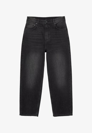 High-waisted black denim jeans with slight fading on thighs, straight leg cut, five-pocket style, and button closure at the waist.