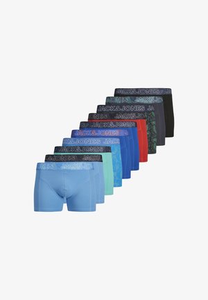 Assortiment de boxers pour hommes dans différentes couleurs : bleu, noir, rouge, vert, à motifs, avec une taille élastiquée arborant le logo "JACK & JONES".
