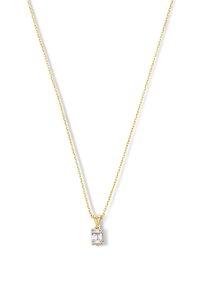 Goldene Kettenhalskette mit einem rechteckigen Kristallanhänger. Der Anhänger hat mehrere Facetten, die eine reflektierende Qualität erzeugen. Einfaches, elegantes Design.