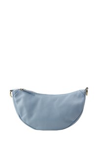 Sac en cuir bleu clair à la forme courbée, surface texturée, fermeture éclair et accent en métal doré.