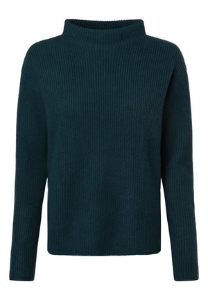 Blågrøn strikket sweater med høj, rund hals og lange ærmer. Blød tekstur med en afslappet pasform. Ingen synlige knapper eller accenter.