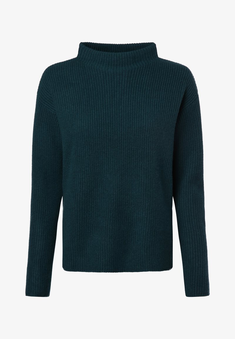 Teal värvitud soonikknitiga kudum, millel on kõrge, ümar kaelus ja pikad varrukad. Pehme tekstuur ja mugav istuvus. Pole nähtavaid nuppe ega aksessuaare.