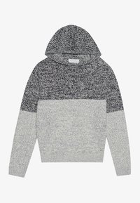 Felpa con cappuccio in maglia testurizzata, caratterizzata da un design a blocchi di colore grigio e grigio chiaro. Materiale morbido e vestibilità ampia con polsini a costine.