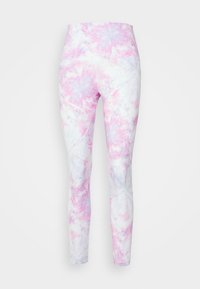 Legginsy w wzór tie-dye z różowymi i lawendowymi odcieniami. Wykonane z elastycznego materiału z wysokim stanem, zapewniającym wsparcie.