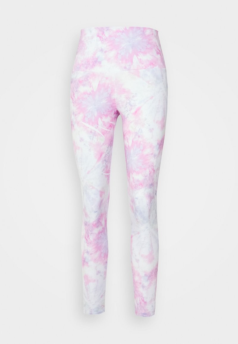 Legginsy w wzór tie-dye z różowymi i lawendowymi odcieniami. Wykonane z elastycznego materiału z wysokim stanem, zapewniającym wsparcie.
