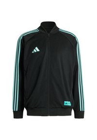 Czarna kurtka sportowa z turkusowym wzorem w trzy paski i logo. Posiada zamek błyskawiczny z przodu, wysoki kołnierz oraz ściągacze przy mankietach i u dołu.