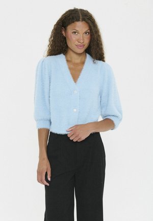 Vrouw met krullend haar, gekleed in een lichtblauwe, fuzzy cardigan met knopen en zwarte high-waisted broeken, staand tegen een witte achtergrond.