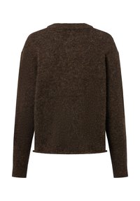 Pull en maille marron avec une texture douce, encolure ronde et coupe décontractée. Manches longues avec un ourlet droit en bas.