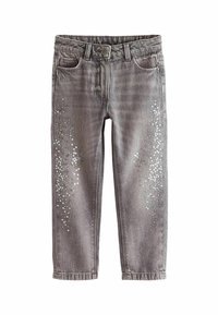 Jeans in denim grigio con una leggera texture sbiadita, caratterizzati da un motivo decorativo di paillettes argentate lungo le gambe esterne e una vita standard.