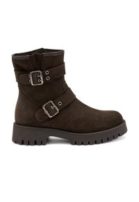 Las botas de ante marrón hasta el tobillo presentan dos correas ajustables con hebillas de metal, una punta redondeada y una suela de goma texturizada para mayor agarre.