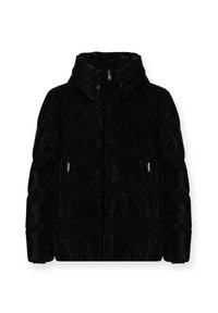 Chaqueta de plumas negra con capucha, con cierre frontal con cremallera, bolsillos laterales y un texturizado acolchado para aislamiento. Tejido suave y brillante.