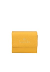 Yellow leather wallet with a textured surface, featuring a front flap and embossed logo. Compact design with clean lines and minimal hardware.