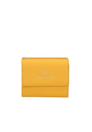 Yellow leather wallet with a textured surface, featuring a front flap and embossed logo. Compact design with clean lines and minimal hardware.