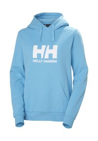 Jasnoniebieska bluza z kapturem wykonana z bawełny, z przednią kieszenią. Posiada duże białe logo "HH" oraz napis "HELLY HANSEN". Zawiera kaptur ze sznurkiem.