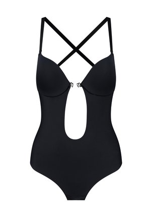 Costume da bagno intero nero con spalline incrociate, coppe imbottite e un ritaglio frontale. Tessuto liscio e design aderente.