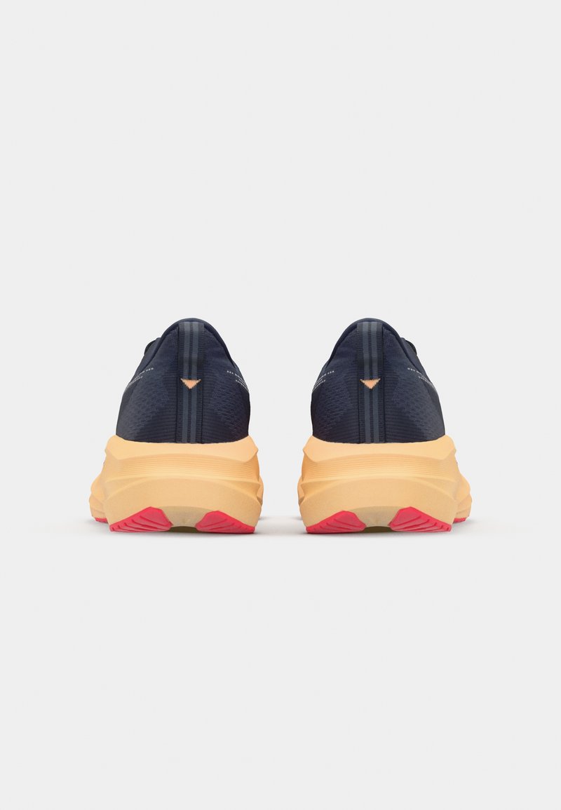 Navy running shoes with orange sole and pink accents. Features a textured upper, and a sleek, ergonomic design. Reinforced heel for support.