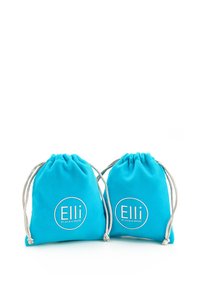 Turkise stoftrækposer med hvide cirkulære logoer "Elli" og "by Julie & Grace"; glat tekstur, to poser vist sammen.