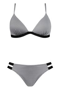 Czarny i biały kostium kąpielowy w kratę, składający się z trójkątnego biustonosza z cienkimi ramiączkami oraz majtek z podwójnymi czarnymi paskami po bokach.