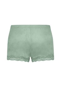 Mintgröna shorts i mjukt tyg, med en vågig spetsdetalj vid fållen och resår i midjan för extra komfort.