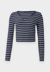 Ribbbed Seamless Fabric Notch-Neck Top - Longsleeve - navy blazer/bright white