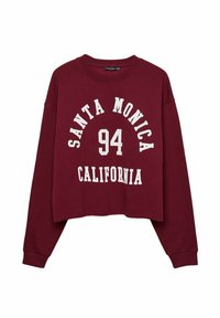 Sweatshirt cropped bordeaux con maniche lunghe, caratterizzato da testo bianco "Santa Monica 94 California" sul fronte.