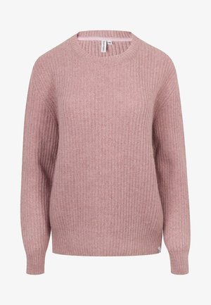 Fluffiger rosa gerippter Pullover mit langen Ärmeln und runden Ausschnitt. Verfügt über eine dezente Textur und ein kleines Etikett am Saum.